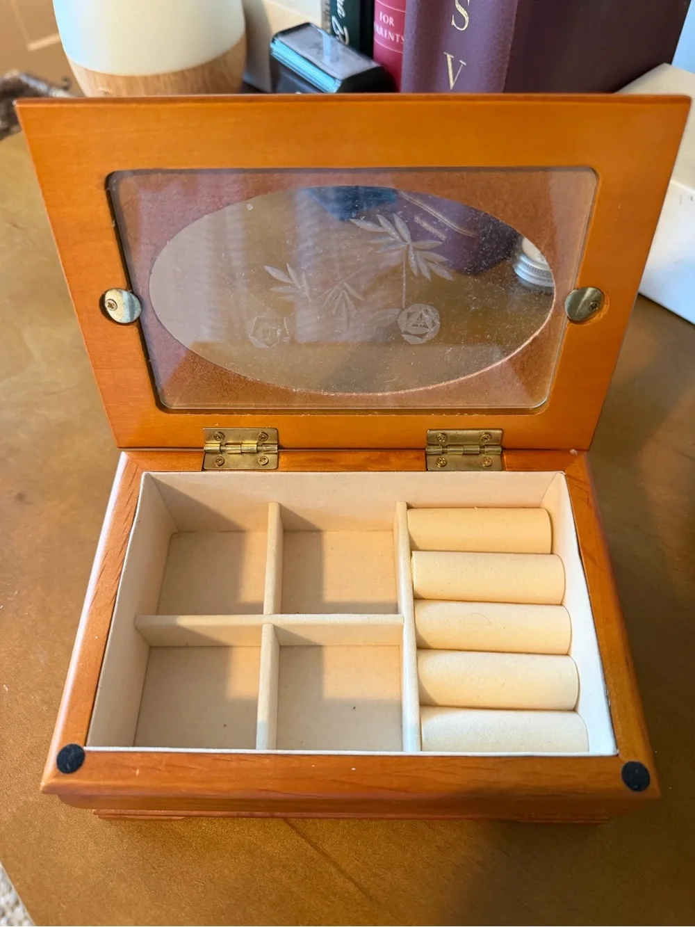 Wooden Jewelry Box with Etched Glass Lid - Honey Brown